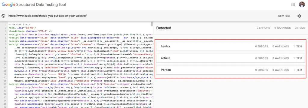 Google Structured data tool example