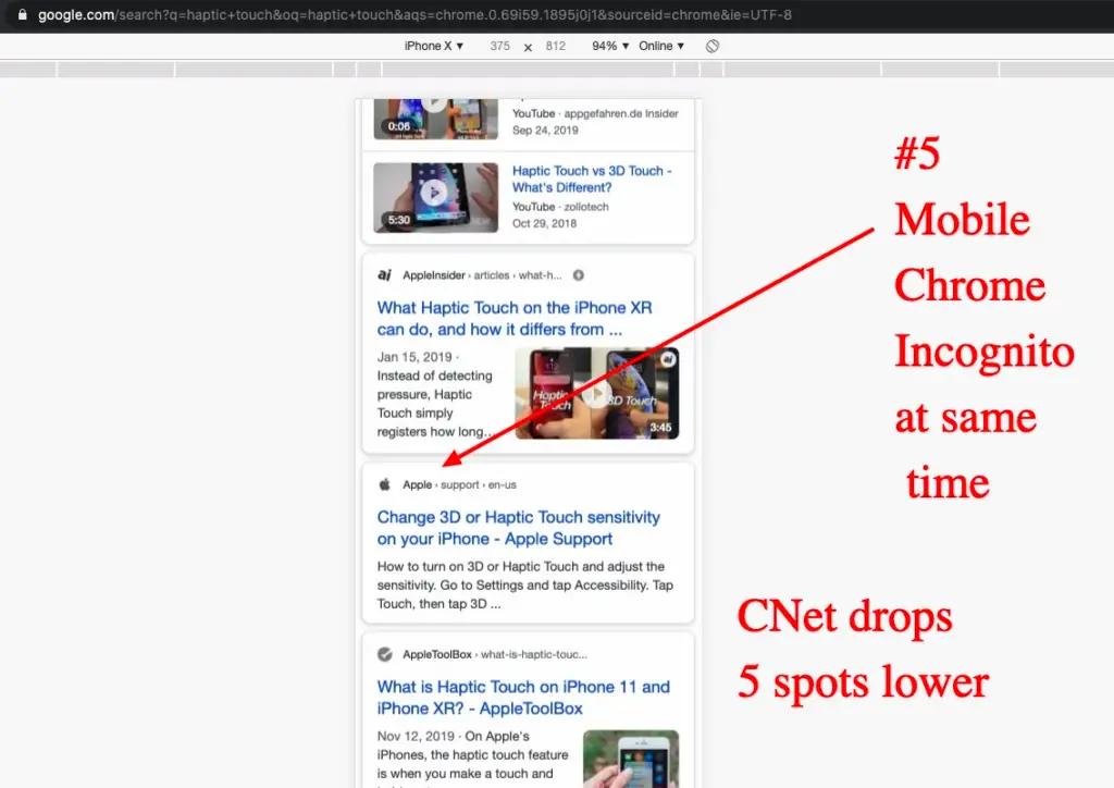 Google SERP had haptic touch article ranked as #6 for one second query, and another result dropped nearly 5 spots from one query to another.