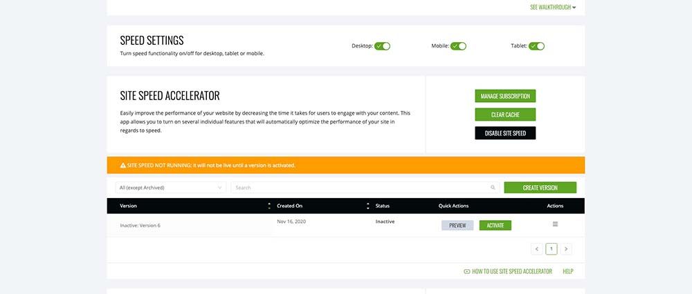 turn site speed accelerator on all devices