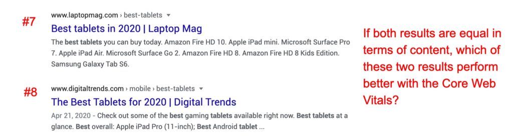Tiebreaker between results #7 & #8. This is likely a scenario in the future where Google uses the Core Web Vitals