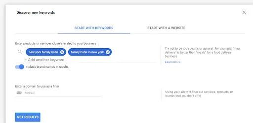 Discovering new keywords using the Google's keyword research tool
